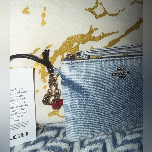 Coach Corner Zip Wristlet In Loved Denim With Charms - Picture 2 of 9